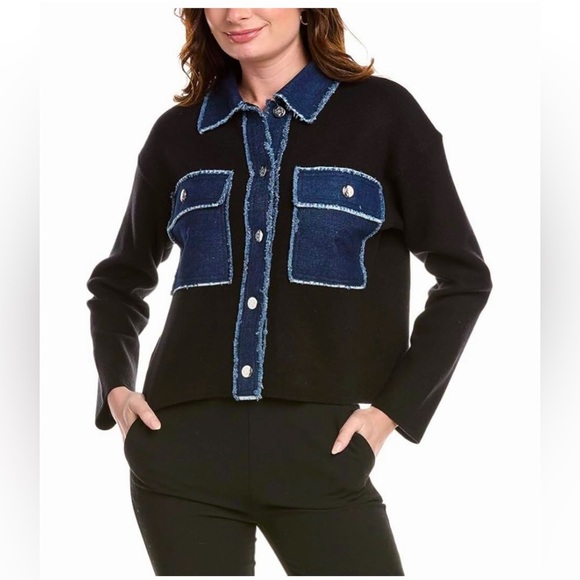 Nanette Lepore Black/Denim Contrast Streetwear Casual Trucker Jacket SZ-M - Picture 1 of 7